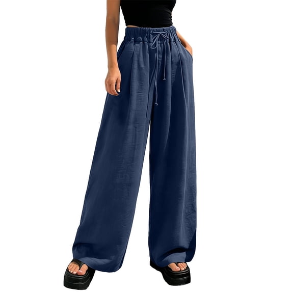 TRUBKH Drawstring Pants Women Drawstring High Waist Women' S Culottes Cotton Linen Palazzo Pants Cotton Palazzo Pants for Women Summer Beach Vacation Clothes Linen Pants Gaucho Pant Navy M-5XL