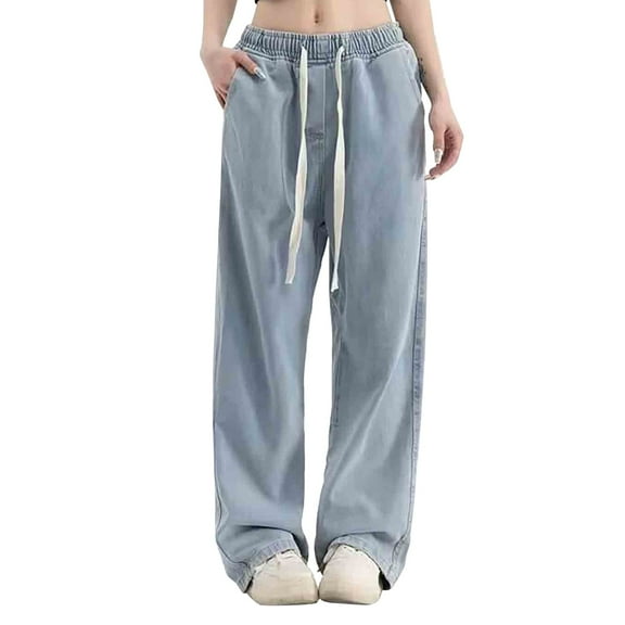 TRUBKH Drawstring Pants Women,pull On Jeans for Women,crop Pants for Women,skinny Jeans for Women,baggy Jeans,high Waist Straight Jeans Pants,vintage Wide Leg,baggy Ripped Denim Trouser Blue 1 XL