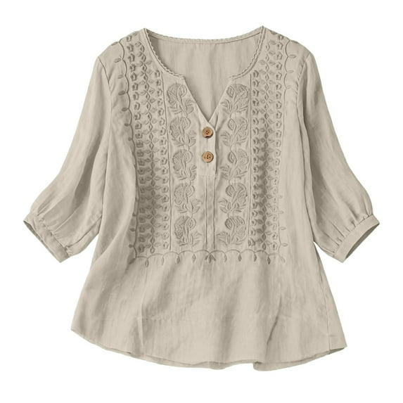 TRUBKH Embroidered Tops for Women Peasant Blouses for Women Floral Embroidered Short Sleeve V Ncek Boho Tops for Women Gauze Blouse Flowy Tunics Blouses V Neck Shirts Tunic Boho Tops Beige L