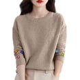 thumbnail image 1 of TRUBKH Fall Sweaters for Women Print Long Sleeve Scoop Neck Business Casual Outfits for Women Breathable Tops Slim Fit Business Casual Sweater Wrinkle Free Travel Clothes for Women Beige S, 1 of 9
