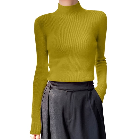 TRUBKH Fall Sweaters for Women Turtleneck Sweater Long Sleeve Fall Casual Sweater Slim Fit Knit Tops for Women Lightweight Sweaters for Women Womens Thermal Tops Outfits for Women Yellow L