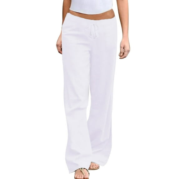 TRUBKH Flowy Pants for Women Cotton for Women Cotton Linen Palazzo Drawstring Elastic Waist Wide Leg Linen Pants Baggy Straight Leg Cotton Casual Pants for Women White 1 M-3XL