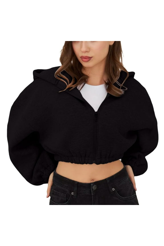 Full Zip Up Hoodie athletic jacket women crop cardigan for women zip up hoodie women hoodies for women Zip Up Hoodies Cropped Cardigan Jacket Drawstring Hooded Sweatshirts Top Black L