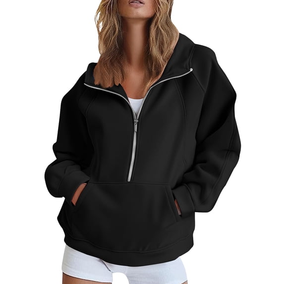 TRUBKH Full Zip Up Hoodie athletic jacket women kimono cardigan zip up hoodie women hoodies for women And Winter Casual Sports Semi Zipper Hooded Short Plush Sweater Hooded Sweater Black M