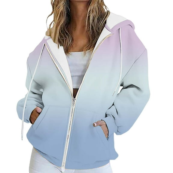 TRUBKH Full Zip Up Hoodie light weight cardigan women kimono cardigan zip up hoodie women hoodies for women Casual Gradient Color Hooded Long Sleeve Hooded Sweatshirt With Zipper Pink 2XL