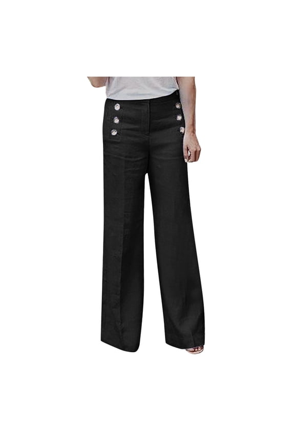 Gauze Pants Women Baggy Straight Leg Trousers Gaucho Pants for Women Side Button Elastic Waist Straight Leg Pants Button Up Wide Leg Long Pant Linen Clothing for Women Loose Fit Black S-2XL