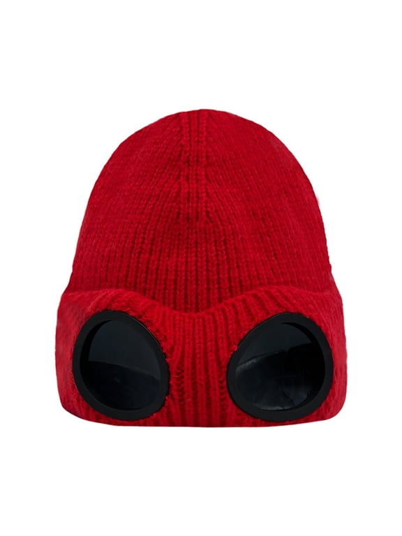 Goggle Decor Knitted Beanie Goggle Hat Thermal Stretch Skull Cap Winter Hats for Women Fuzzy Hat Unisex Goggle Knitted Beanie Hat with Fixed Goggles Winter Cap Flexible Elastic Red One Size