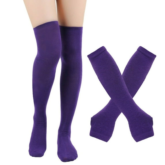 TRUBKH Leg Warmers Striped Sleeves Arm and Leg Warmers Long Fingerless Gloves Striped Knee Socks Striped Fingerless Gloves Purple One Size