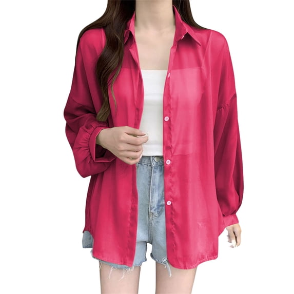 TRUBKH Lightweight Cardigans for Women Button Down Cardigan Lapel Collar for Daily Casual Outerwear Sunscreen Cardigan Travel Cardigan Sheer Cardigans Dress Cover Up Chiffon Cardigan Red XL