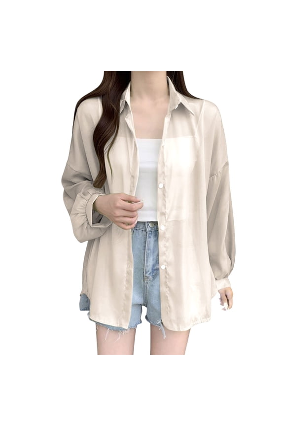 Lightweight Cardigans for Women Button Down Cardigan Lapel Collar Dress Cover Up Light See Through Sunscreen Cardigan Chiffon Cardigan Loose Fit Bikini Cover Up Sheer Cardigans Beige L