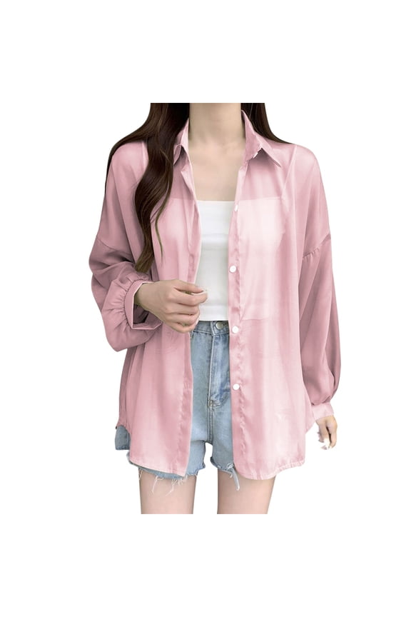 Lightweight Cardigans for Women Button Down Cardigan Lapel Collar Tunic Tops Blouse Light See Through Travel Cardigan Sweater Cardigan Chiffon Cardigan Hollow Out Sheer Shrug Pink L