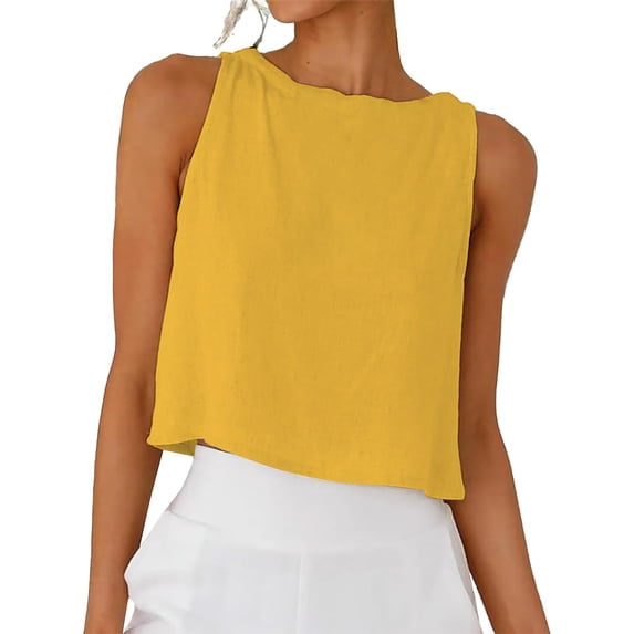 TRUBKH Linen Crop Tops for Women Crew Neck Women's Sleeveless Tops Cotton Linen Gauze Layering Tank Top Flowy Linen Top Cute Tank Tops Flowy Basic Yellow L