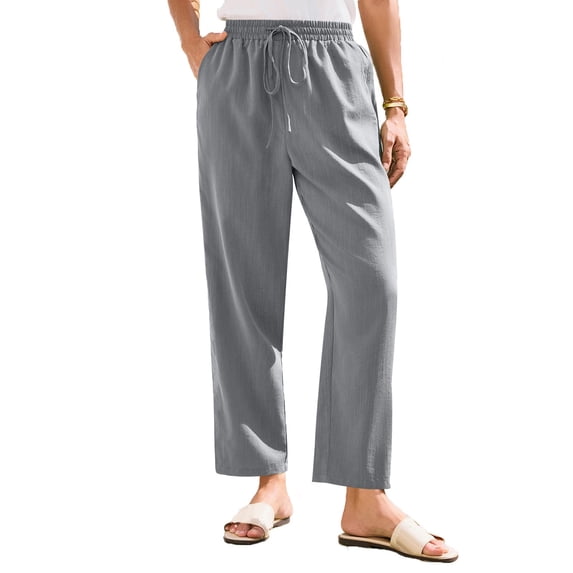 TRUBKH Linen Pants for Women Fashion Drawstring Lightweight Paperbag Pant Pull On Pants Vacation Beach Pants Resort Wear for Women 2026 Summer Boho Pants Palazzo Pants Comfort Resort Wear Gray 2XL
