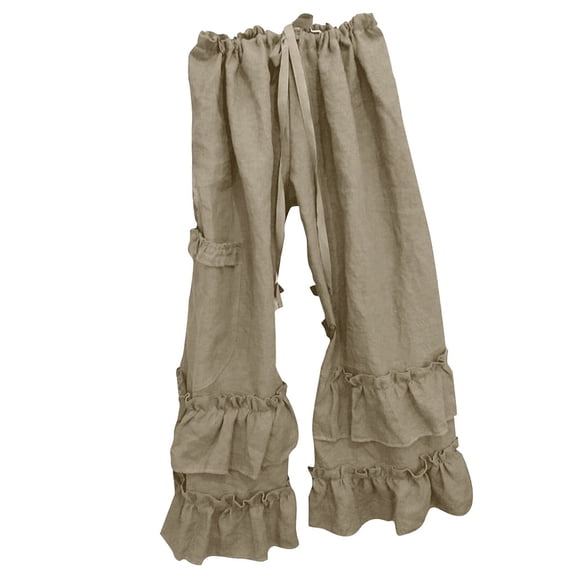 TRUBKH Linen Pants Women Floral Belt Pants Drop Crotch Harem Pants Vacation Beach Pants Tapered Pants Palazzo Pants Straight Leg Lounge Trouser Plain Drawstring Trousers Summer Wide Leg Khaki L