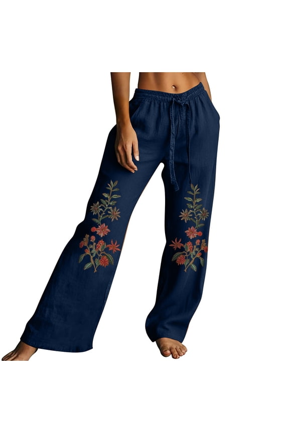 Linen Pants for Women Floral Belt Pants Fashion Drawstring Elastic Waist Flowy Gauze Resort Wear for Women 2026 Comfort Resort Wear Gaucho Pant Paperbag Pant High Waisted Navy 1 2XL
