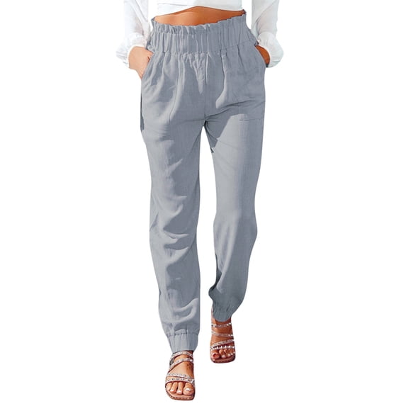 TRUBKH Linen Pants for Women High Waisted Comfort Resort Wear Wide Leg Linen Pants Floral Belt Pants Cruise Pants Paperbag Pant Baggy Linen Pants Fashion Drawstring Lightweight Boho Bottoms Gray 2XL