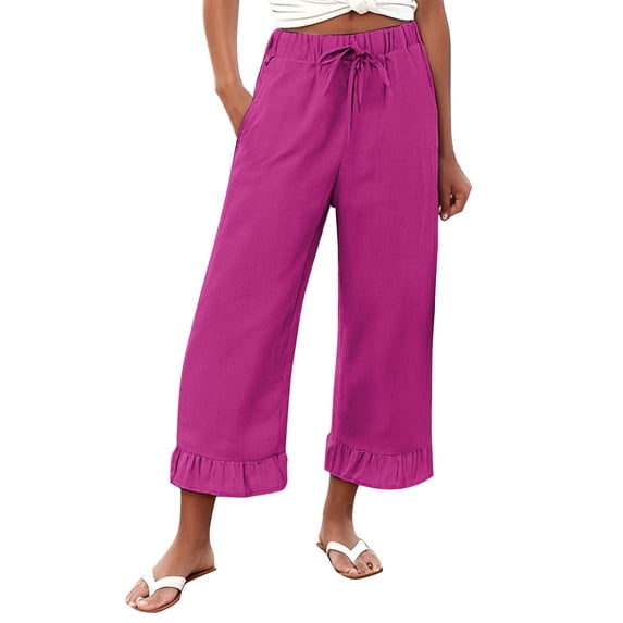 TRUBKH Linen Pants Women Lounge Pants Boho Summer Pants Straight Leg Trousers Beach Pants for Women Baggy Linen Pants Lightweight Beach Trousers Tapered Vacation Lounge Pants Purple XL