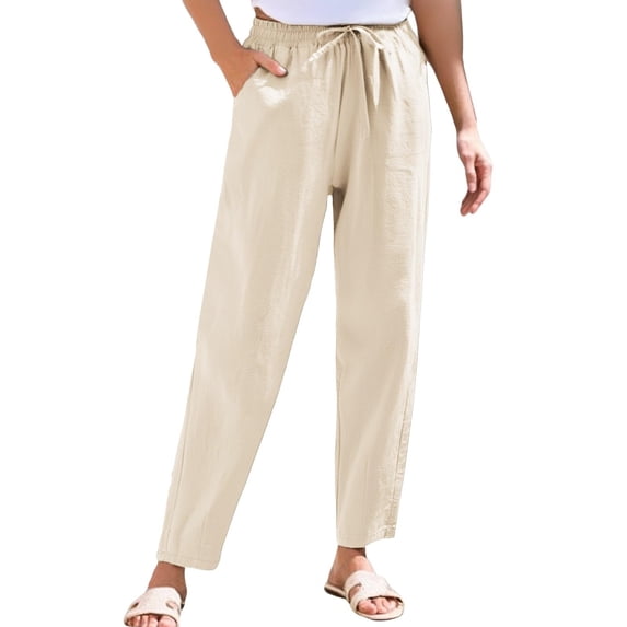 TRUBKH Linen Pants Women Paperbag Pant Flowy Gauze Palazzo Pants Plain Drawstring Trousers Palazzo Pants Resort Wear for Women 2026 Gaucho Pant Beach Pants for Women Pull On Pants Beige L
