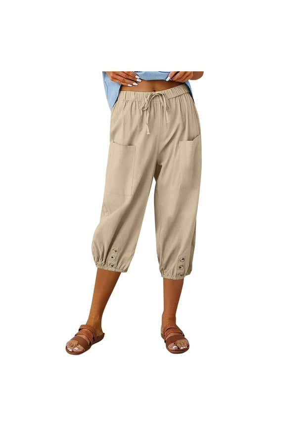 Linen Pants for Women Vacation Beach Trousers Comfort Resort Wear Palazzo Pants Floral Belt Pants Paperbag Pant Tapered Pants Resort Wear for Women 2026 Cruise Pants Palazzo Pants Khaki M