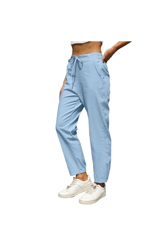 Linen Pants for Women Vacation Beach Trousers Vacation Beach Pants Paperbag Pant Boho Pants Plain Drawstring Trousers Gaucho Pant Baggy Linen Pants Boho Bottoms Palazzo Pants Light Blue L