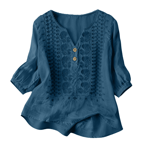 TRUBKH Linen Shirts for Women 3/4 Length Sleeve Womens Tops V Neck Flowy Blouses Boho Beachwear Loose Breathable Going Out Blouse Loose Tunic Blouse Beach Vacation Women Tops Green XL
