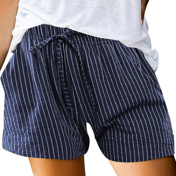 TRUBKH Linen Shorts for Women,shorts for Women,drawstring Shorts Women,baggy Shorts Women,short Pants for Women,women's Summer Cotton Casual Striped Shorts Pocket Pants Navy XL