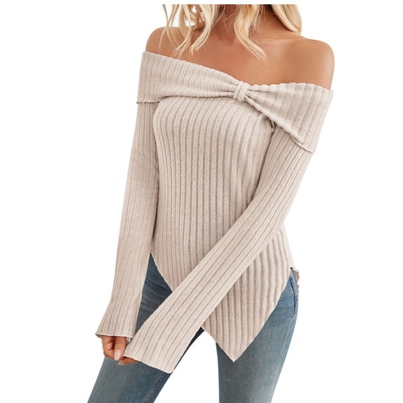 TRUBKH Off the Shoulder Tops for Women Womens Tops Long Sleeve Shirts for Women Loose Tops for Women Going Out Tops for Women Tops Beige S