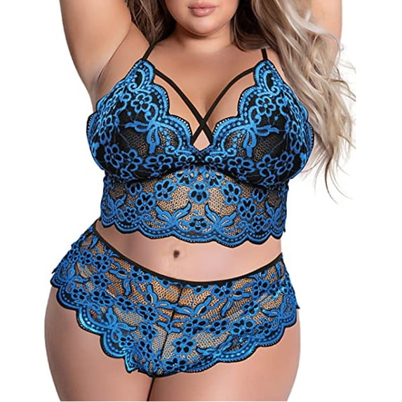 TRUBKH Pajama Set romper Push Up Bustier Crop Top Lace High Waisted Bra 2 Piece Comfortable Seamless Casual Waisted Bikini Adjustable Strap Tummy 2 Piece Underwear Square Neck Blue L
