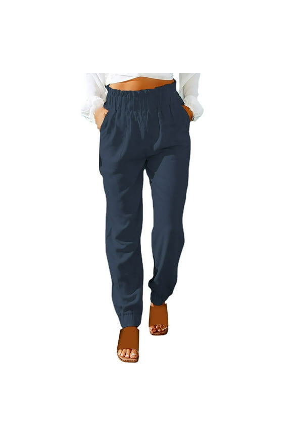 Palazzo Pants for Women High Waisted Linen Pants Women Casual Pants for Women Palazzo Drawstring Elastic Waist High Waisted Flowy Lounge Cotton Linen Wide Leg Linen Pants Dark Blue S-3XL