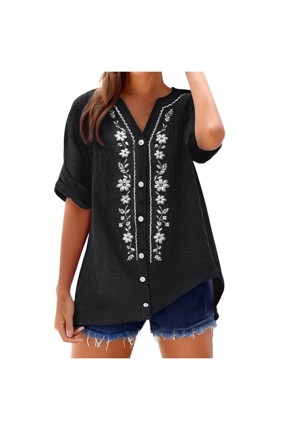 Peasant Blouses for Women Casual Bohemian Shirts Tunic Tops with Button Boho Peasant Gauze Blouses Jacquard Boho Blouse Boho Beach Gauze Blouses Black 2XL