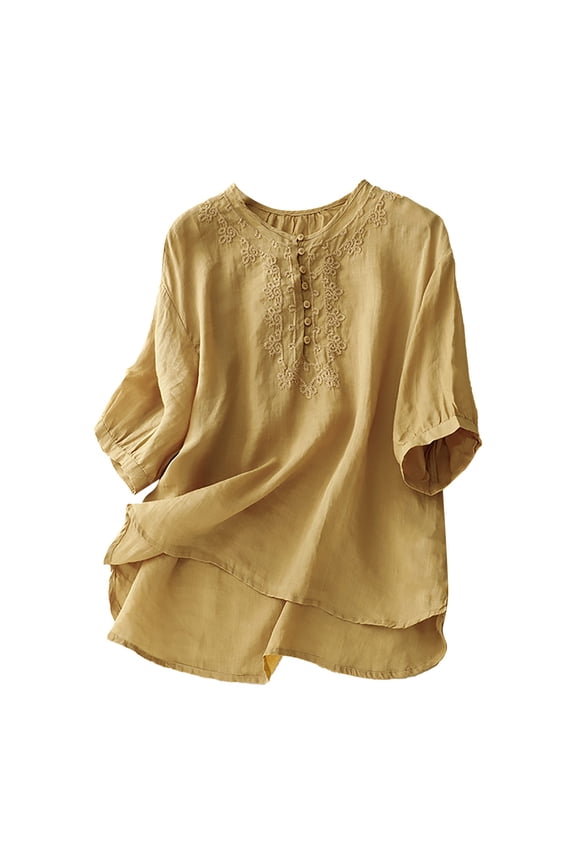 Peasant Blouses for Women Floral Embroidered Boho Tops Cotton Linen Short Sleeve Cotton Linen Tunic Tops Embroidery Gauze T-shirt for Women Yellow XL