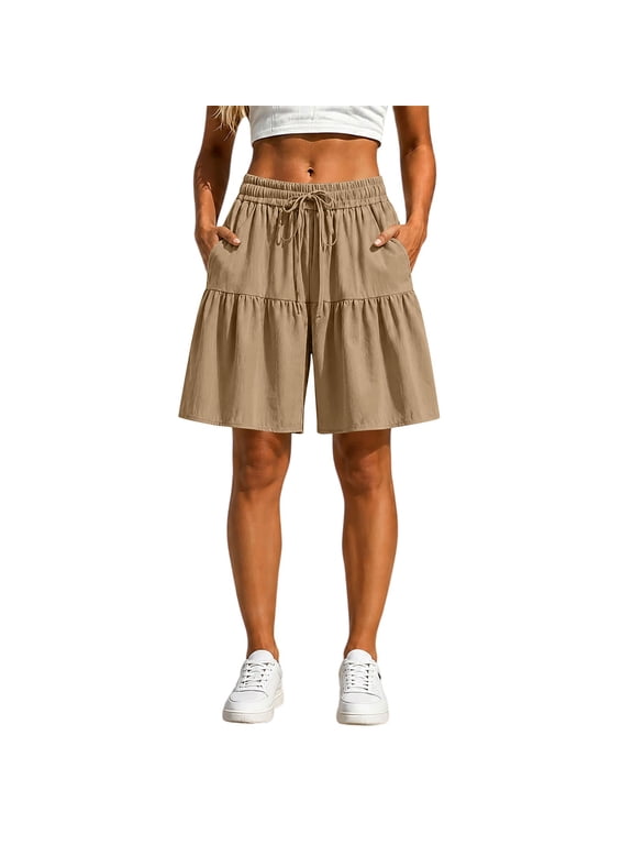 Ruffle Skirt with Shorts for Women 2-in-1 High Waist Pleated Short Skort Skirt Boho Elastic Waist Solid Color Tennis Golf Shorts Soft Short Beach Vacation Shorts with Liner Beige M