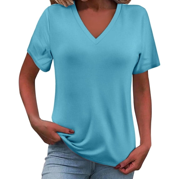 TRUBKH Short Sleeve Shirts for Women V Neck T Shirts for Women Crop Top Womens Flowy Summer Tops Women's Fashion Clothes for Every Occasion Cotton Linen Cardigan Summer Chic Basic Tee Sky Blue M