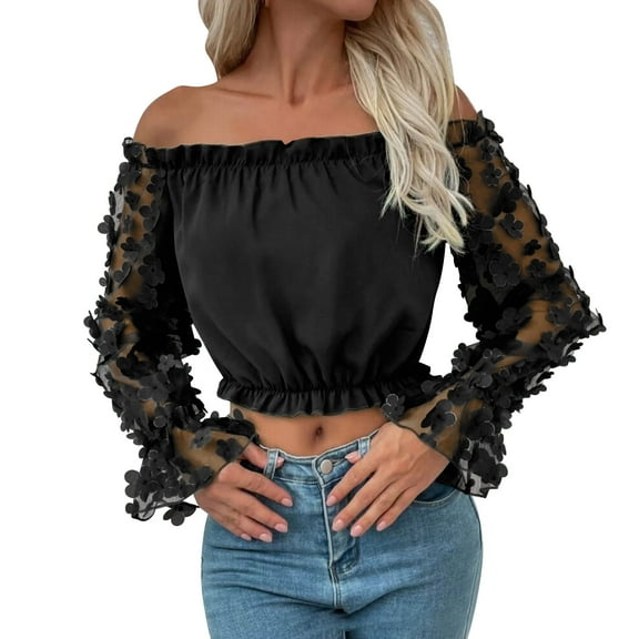 TRUBKH Off the Shoulder Tops for Women Gauze Shirts for Women Going Out Tops for Women Blouses for Women Dressy Casual One Neck Top Spring Pullover Off Shoulder Top T Shirt Cold Shoulder Tops Black M