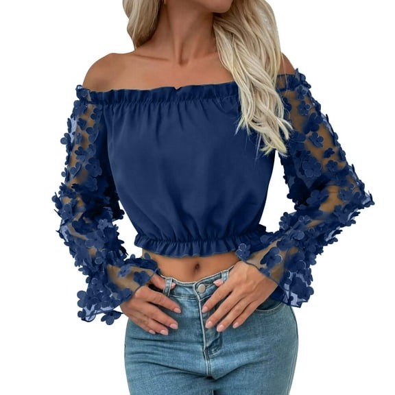 TRUBKH Off the Shoulder Tops for Women Gauze Shirts for Women Going Out Tops for Women Oversized Workout Shirts for Women One Neck Top Spring Pullover Top T Shirt Blouses for Women Blue L