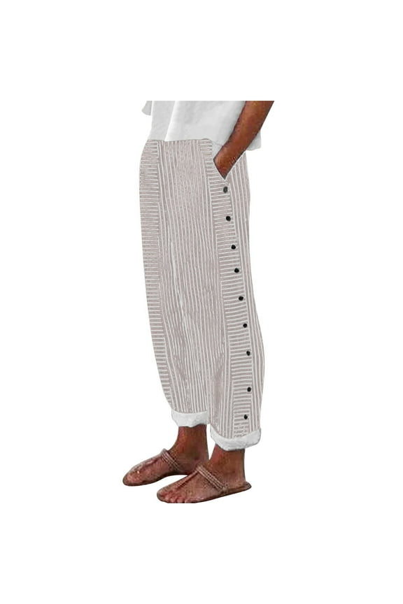Side Stripe Pants Women,wide Leg Pants Woman,palazzo Pants for Women,skinny Jeans for Women,linen Pants Women,cotton and Linen Striped Side Pants H Shaped Straight Leg Pants Khaki 2XL