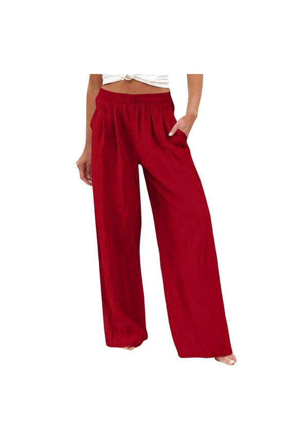 Summer Pants for Women Women' S Culottes Wide Leg Linen Pants Cotton Linen Palazzo Pants Summer Pants with Pockets Cotton Palazzo Pants for Women Vacation Beach Trousers Gaucho Pant Red S-3XL