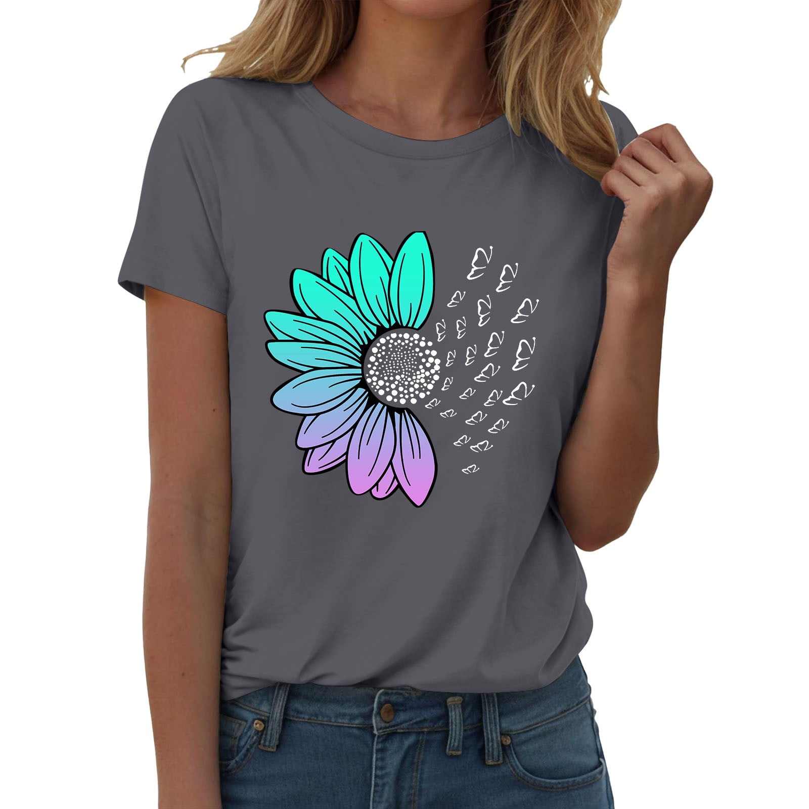 Women's Faith Hope Love Daisy Butterfly Graphic T-Shirt - Casual Short Sleeve Tee, Soft Cotton Blend, Dark Gray