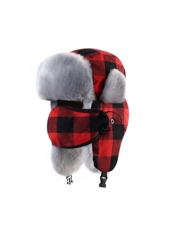 Trapper Hat for Men Ski Snow Windproof Cap Ear Flaps Winter Warm Hat Winter Trapper Hats Winter Hat with Earflaps Faux Fur Winter Hat Russian Hat for Hunting Ski A2 Brick Red One Size
