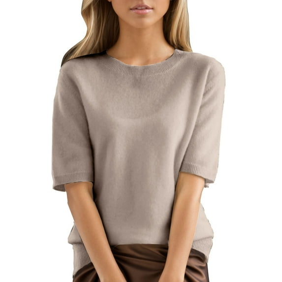 TRUBKH V Neck Sweaters for Women,womens Short Sleeve Sweater Tops,blouses for Women Dressy Casual,short Sleeve Cardigans for Women,spring Tops for Women,round Neck T Shirt Bottom Top Khaki S