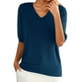 thumbnail image 1 of TRUBKH V Neck Sweaters for Women,womens Short Sleeve Sweater Tops,blouses for Women Dressy Casual,short Sleeve Cardigans for Women,spring Tops for Women,round Neck T Shirt Bottom Top Dark Blue 2XL, 1 of 9