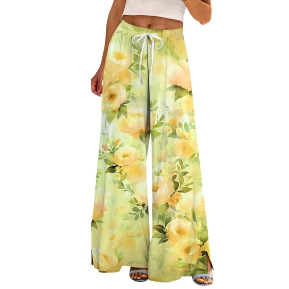 TRUBKH Wide Leg Pants Linen Pants Women Palazzo Pants for Women Flowy Pants Womens Summer Wide Leg Pants Casual High Waist Pant 2025 Beach Vacation Outfits Casual Pants for Women Yellow S