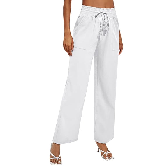 TRUBKH Wide Leg Pants Woman Summer Pants with Pockets Women' S Culottes High Waisted Linen Pants Women Drawstring High Waist Wide Leg Linen Pants Vacation Beach Trousers Teacher Pants White S-2XL