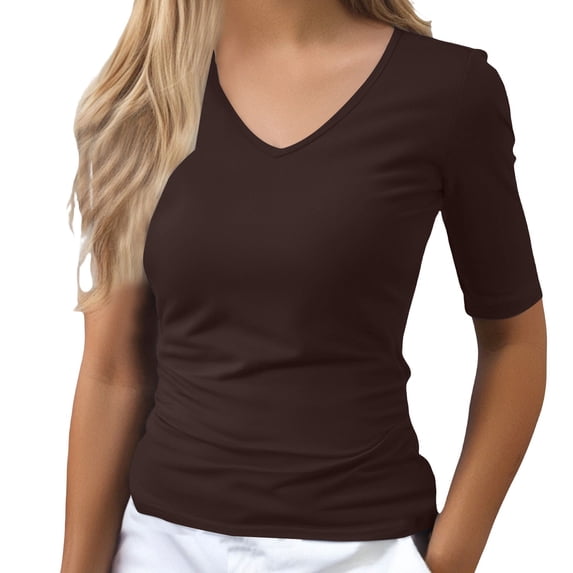 TRUBKH Women Fitted T Shirt Half Sleeve V Neck Cinched Waist Tops for Women Solid Tee Stretchy Tops Crop Tops Tunic Top Ribbed T-shirt Chiffon Tops Womens T Shirts Brown 2XL