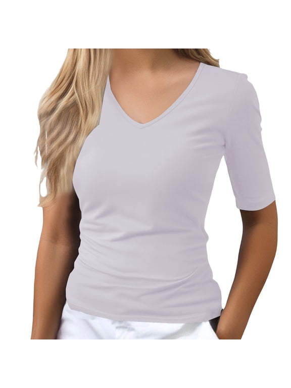 Women Fitted T Shirt Half Sleeve V Neck Going Out Tops Casual Summer Tee Basic Tees Double Lined Tops for Women Cute Y2k Outfit Waist Slimming Tops for Women Womans Tops White L