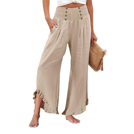 TRUBKH Women Flowy Pants Side Button Elastic Waist Straight Leg Pants Wide Leg Linen Pants for Women Button Up Straight Leg Trousers Palazzo Pants with Pockets Baggy Sweatpants Beige S-3XL