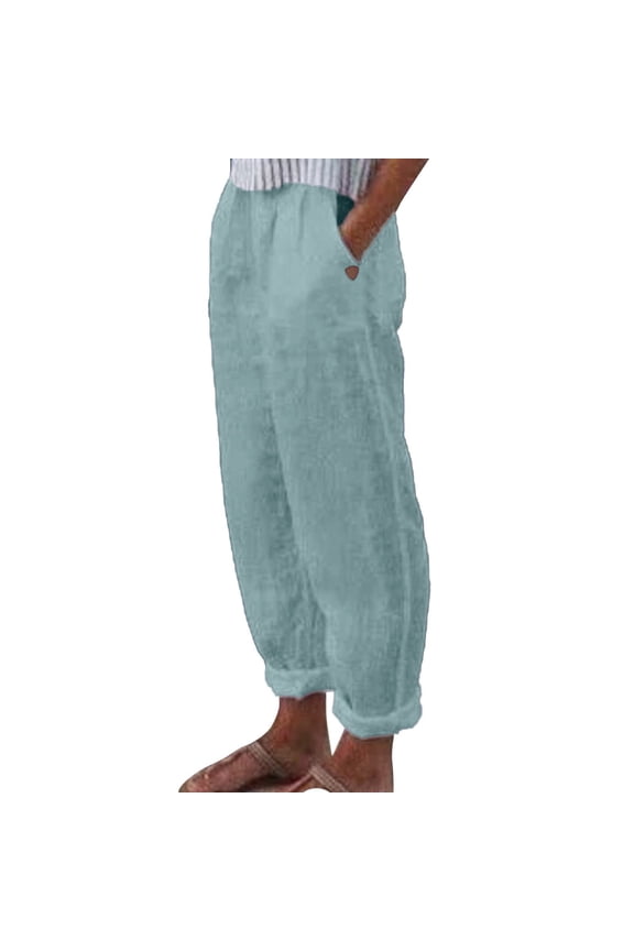 Women Linen Pants Elastic Waist Straight Leg Resort Wear for Women 2026 Side Button Pants Plain Drawstring Trousers Beach Pants for Women Resort Trouser with Pocket Boho Bottoms Blue M