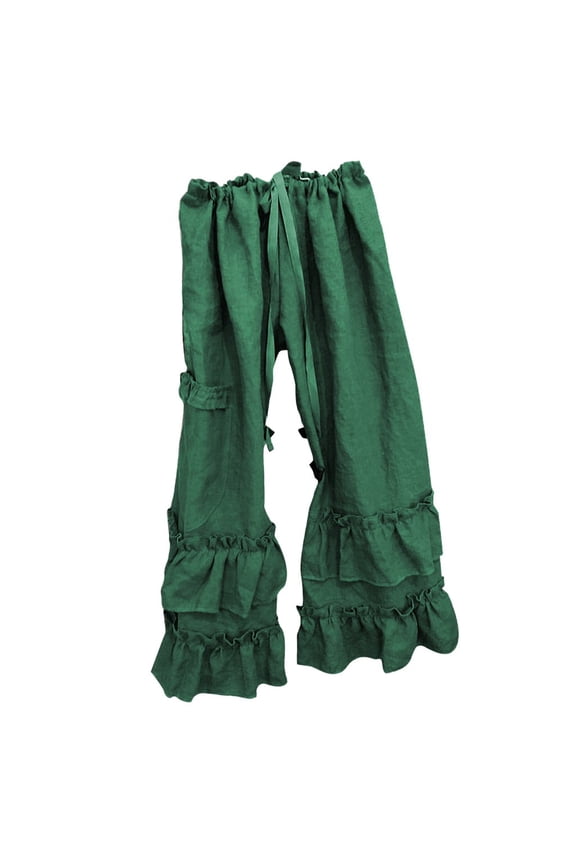 Women Linen Pants Pull On Pants Lightweight Beach Trousers Balloon Pants Summer Pants for Women Floral Belt Pants Palazzo Pants Ruffle High Waist Wide Leg Cotton Linen Pant Green 2XL