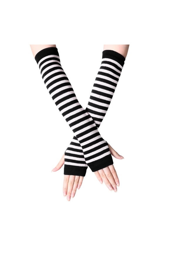 Women Striped Arm Warmer Fingerless glove gothic clothes Stretchy Tight Sun Sleeves striped arm warmers elbow length glove One-piece Long Fingerless Sleeves Half Finger Mittens White One Size
