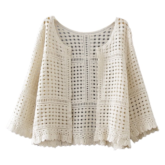 TRUBKH Women Swimsuit Coverup Lace Cardigan 3 4 Sleeve Knit Shrugs Sweater Women Crop Cardigan Sweaters Blouse Eyelet Crochet Shrug Beach Cover Up Sheer Shrug Summer Cardigan Beige A